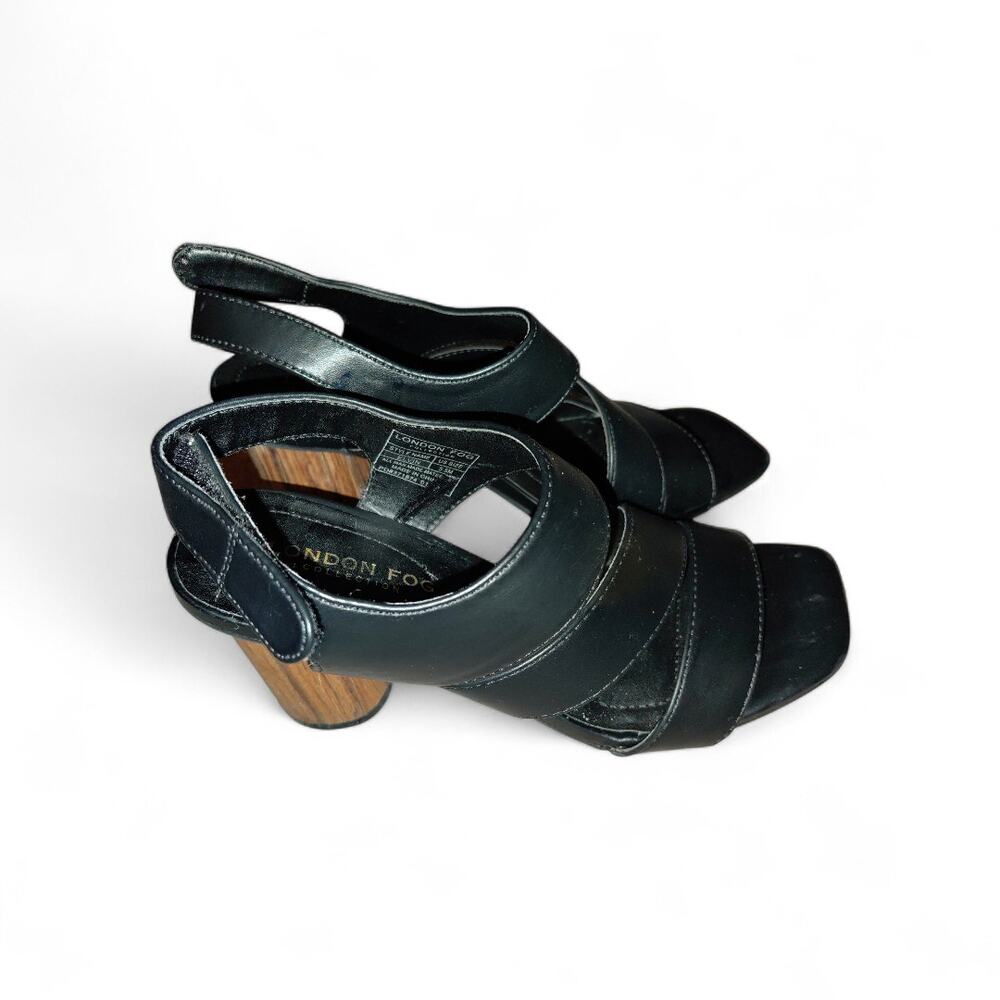 London Fog ELVIN Black Heeled Sandals - Size 5.5M - Faux Leather Block Heel